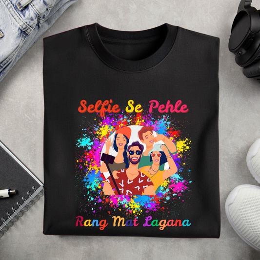 Selfie Holi Black T-Shirt | Unisex Tshirt Online