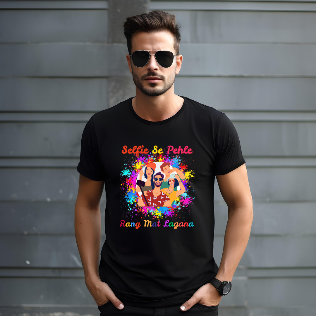 Selfie Holi Black T-Shirt | Unisex Tshirt Online