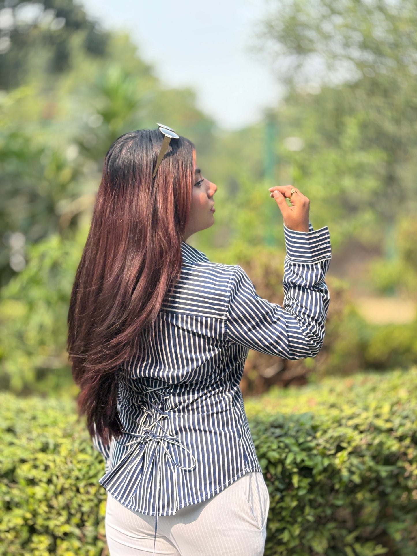 Indo-Western Corset back/ Lace-up back collared full sleeve Shirt/Tops.