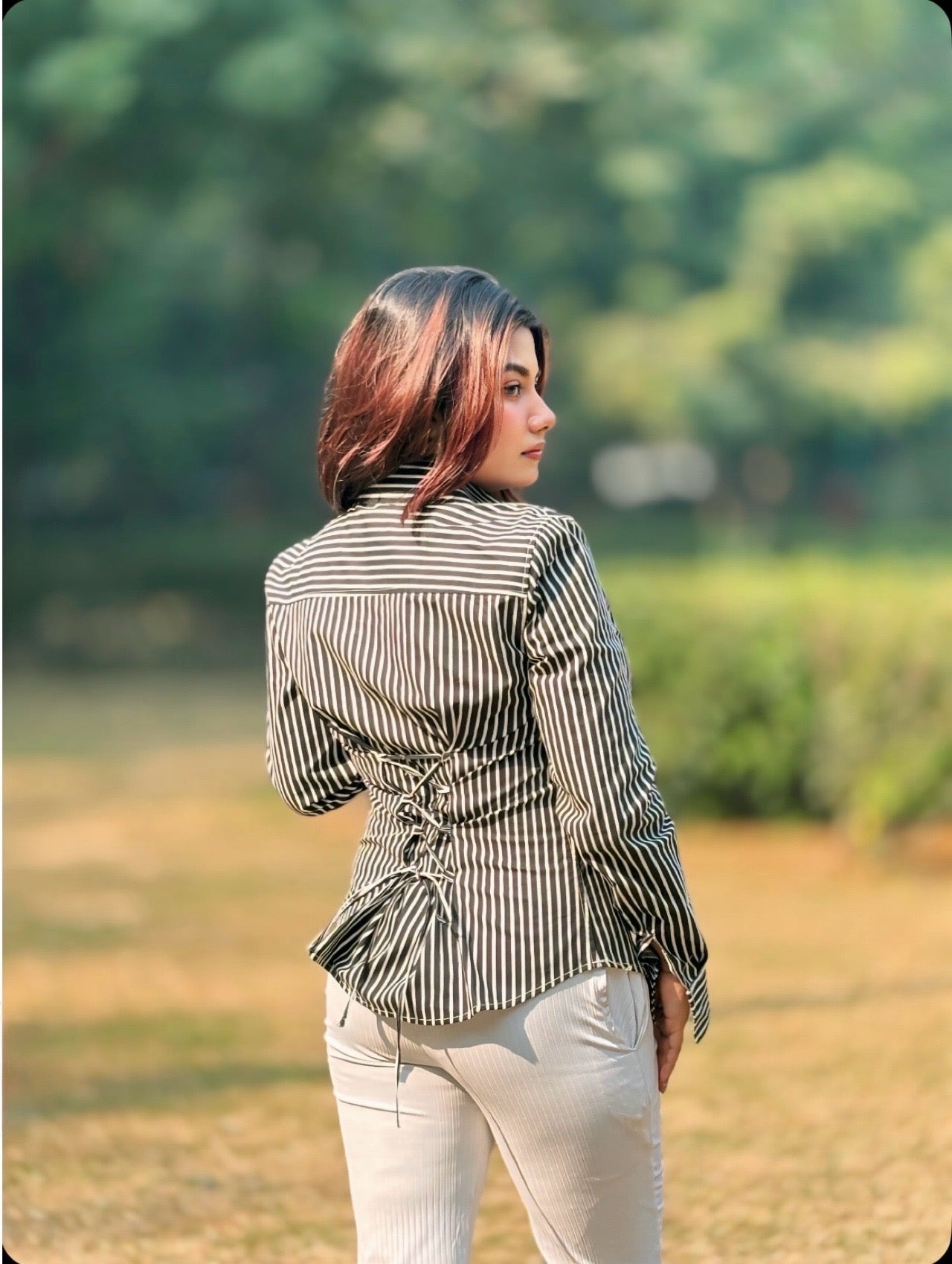 Indo-Western Corset back/ Lace-up back collared full sleeve Shirt/Tops.