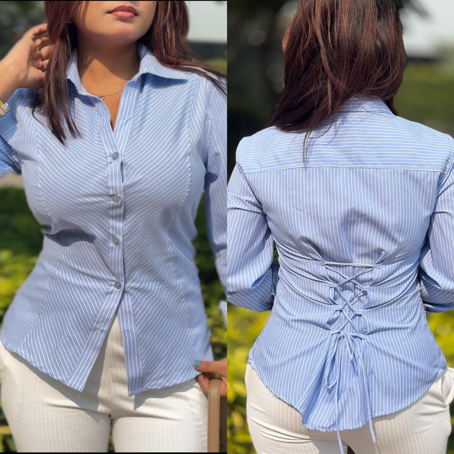 Indo-Western Corset back/ Lace-up back collared full sleeve Shirt/Tops.